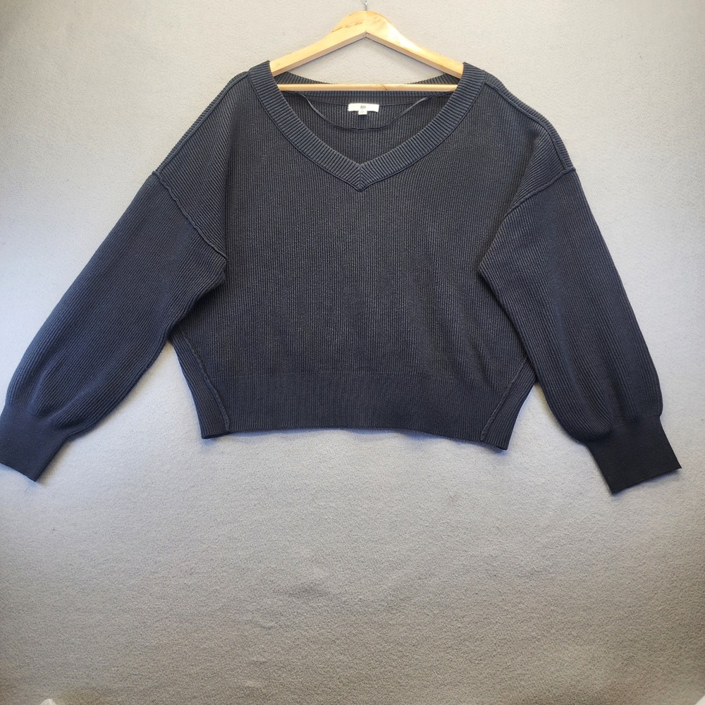 BP Nordstrom Ribbed V-Neck Sweater Grey Cropped Balloon Sleeve Pullover Medium‎
